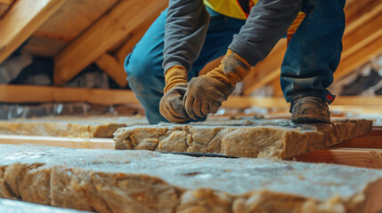 A skilled worker fitting mineral wool panels under the roof carefully installing each piece for optimal thermal insulation