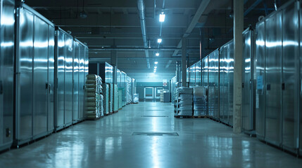 Inside the chilly expanse of a large warehouse industrial freezers hum with efficiency preserving goods at subzero temperatures - obrazy, fototapety, plakaty