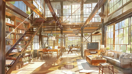 Detailed illustration of a busy living room with various furniture pieces such as sofas, coffee tables, and bookshelves