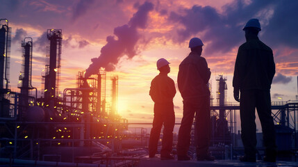 Silhouettes of oil industry professionals against the backdrop of a glowing refinery maintaining critical infrastructure in hazardous conditions - obrazy, fototapety, plakaty