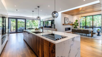 View of a modern kitchen with hardwood floors and marble counter tops.
