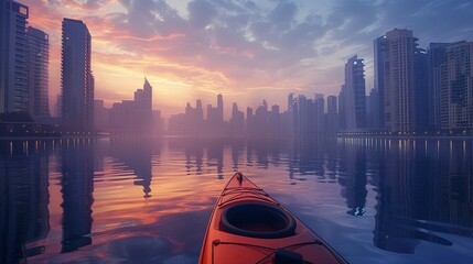 The calm waters of the citys waterfront cradle a twotone kayak with the backdrop of towering skyscrapers under the soft hues of an evening sky - obrazy, fototapety, plakaty