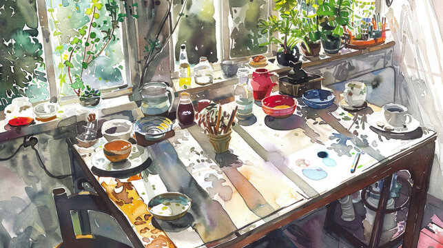 A detailed painting of a wooden table covered with various dishes and utensils