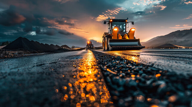 The dynamic process of tarmac laying at dusk glowing lights from the machinery illuminate the freshly laid hot asphalt gravel