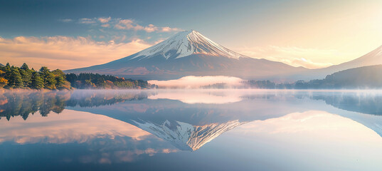 Mt Fuji in the early morning with reflection on the lake kawaguchiko - obrazy, fototapety, plakaty