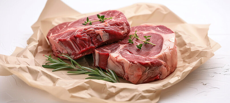 a pair of raw ribeye steaks packaged together, shown close-up on a white paper background,