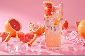 Summer cold cocktail with ice cubes, juice on pastel pink background