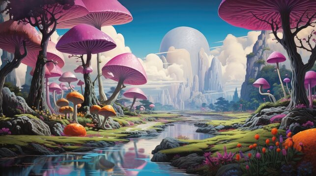 Vibrant Dreamscape of a Magical Mushroom-Filled Wonderland with Serene Pools and Floating Umbrellas