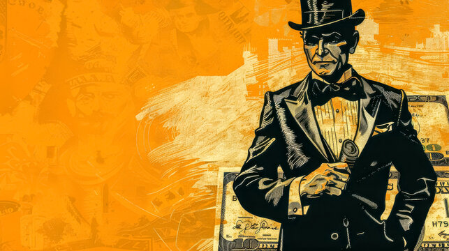Stylized illustration of a classic gangster figure in a suit, with historical newspaper background