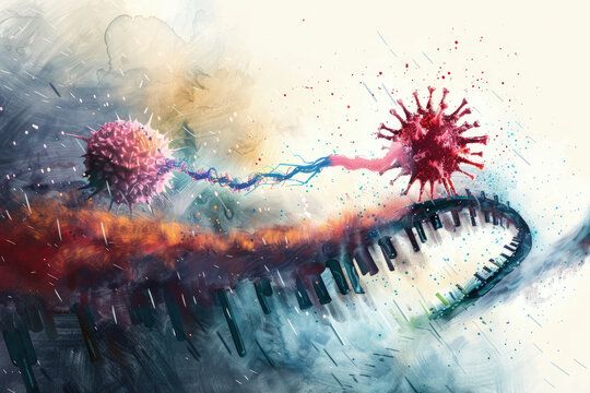 A vivid artistic representation of vibrant viral particles merging over a backdrop of piano keys, symbolizing a fusion of science and music