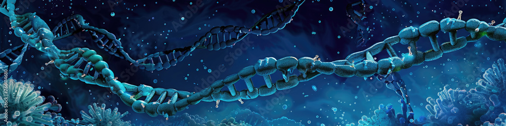 Poster an artistic conceptualization of a dna double helix structure submerged in a deep-sea environment su