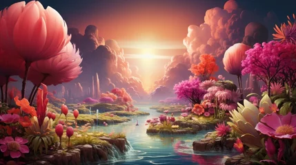 Papier Peint photo Paysage fantastique Vibrant and Enchanting Modern Fantasy Landscape with Surreal Floral Elements and Whimsical Waterfalls