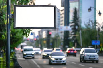 Mockup of Blank digital signboard on roadside, Empty signboard on street with traffic spring - obrazy, fototapety, plakaty