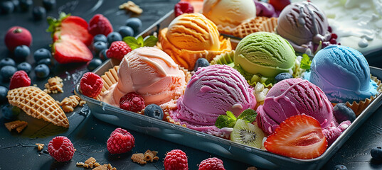 ice cream in pastel colors served in waffles with a variety of fruits and toppings - obrazy, fototapety, plakaty