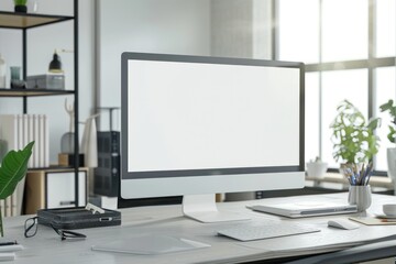 Modern bright office with work desk and computer white mockup screen