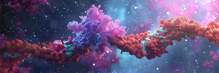 Foto op Plexiglas Vivid digital artwork depicts twisting DNA helix with vibrant pink and blue hues against a cosmic backdrop, illustrating genetic complexity © sommersby