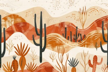 dry desert landscape illustration background with cactus and tumbleweed in warm earth tones as sandy beige, terracotta orange and rusty red. neat summer heat wild west concept design. 
