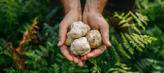 Fototapeta premium hands holding large white truffles in a lush forest