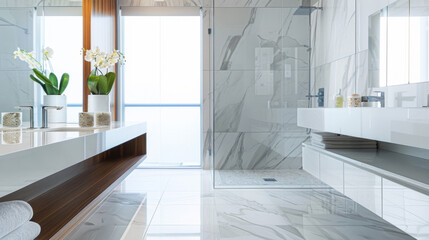 A contemporary bathroom with a floating vanity, marble tile floor, and a glass-enclosed shower