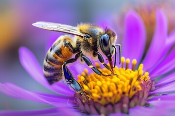 Bee Pollinating Flower - obrazy, fototapety, plakaty