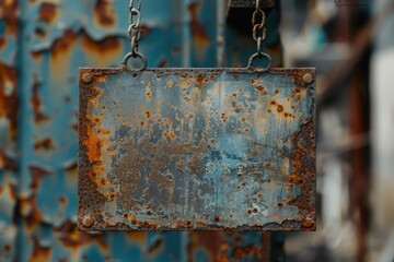 Old rusty tin sign hanging on a chain