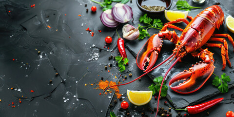Fresh Lobster with Aromatic Herbs and Lemon. A vibrant cooked lobster presented with lemon wedges, herbs, cherry tomatoes, and spices on a textured dark background with copy space.