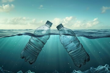 plastic bottles floating in the ocean as an iceberg. An environmental problem that causes pollution