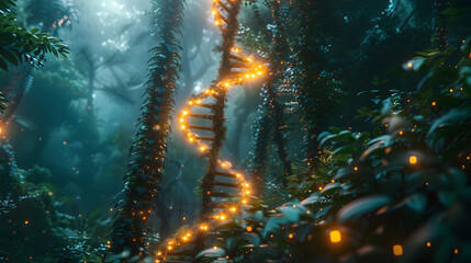 A magical DNA-shaped vine glows amidst the dense foliage of an ethereal, misty forest - obrazy, fototapety, plakaty