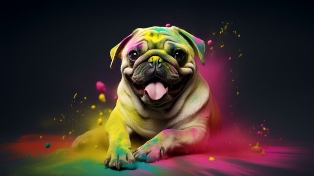 Funny pug dog with colorful paint splashes on black background
