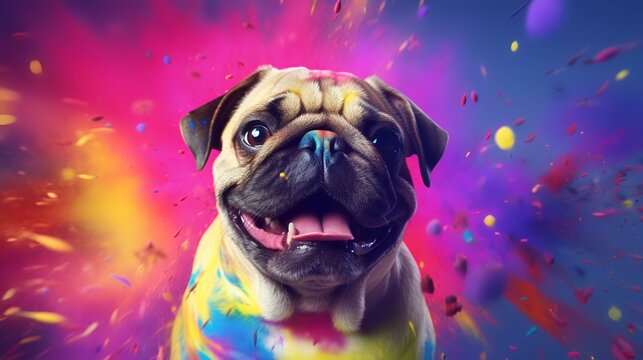 Funny pug dog with colorful paint splashes on colorful background