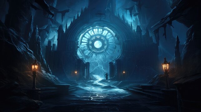 Majestic Blue Ice Portal Guarding Ancient Mystical Crystalline Sanctuary in Frozen Subterranean Realm