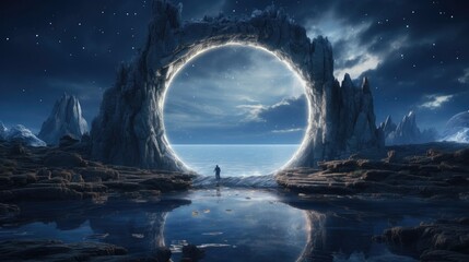 Majestic Ethereal Portal Overlooking Serene Mountainous Landscape with Starry Skies and Tranquil Reflection - obrazy, fototapety, plakaty
