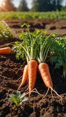 Fresh harvest of carrots on the ground in a vegetable garden, on a farm. Permaculture. Organic vegetables. Healthy vegan food. Farm and gardening concept, harvesting