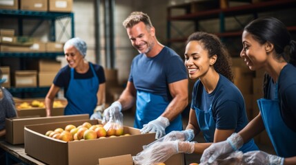 Happy Multiracial volunteers dressed in a blue T-shirt pack groceries in boxes. Volunteering, social assistance to the poor and needy, Charitable organization concepts. - obrazy, fototapety, plakaty