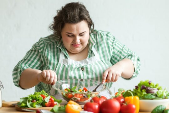 Pretty young overweight woman preparing a delicious and healthy salad in the kitchen for her diet