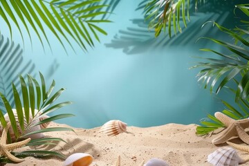 Symbolic tropical sandy beach with blue background, palm leaves sea shells and starfish and empty space for product advertisement Montage of summer relaxation background. generative ai. - obrazy, fototapety, plakaty