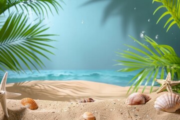 Fototapeta na wymiar Symbolic tropical sandy beach with blue background, palm leaves sea shells and starfish and empty space for product advertisement Montage of summer relaxation background. generative ai.