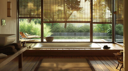 A Japanese-inspired bathroom with a soaking tub, bamboo mats, and sliding shoji screens