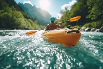 Extreme sport kayak sails mountain river with sun light