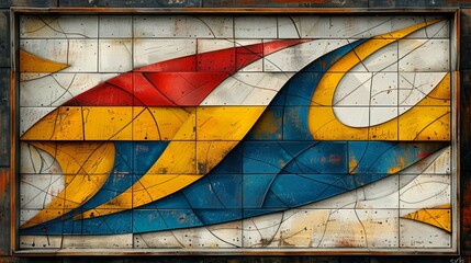 Abstract Geometric tiled Mural in Blue, Yellow, and Red Hues