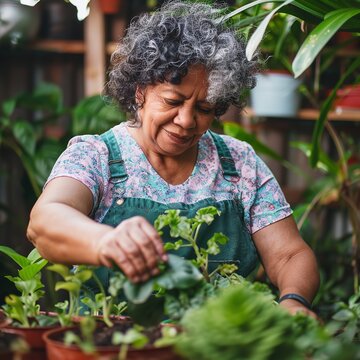 An older woman of mixed racial background cares for her plants in her personal home garden, with space available for additional content.