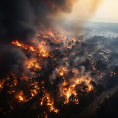 Forest fire, natural disaster, burning pine trees and bushes in the foreground