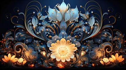 Ornate and Luminous Floral Digital Artwork with Swirling Patterns and Golden Accents