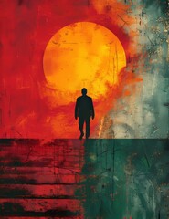 Obraz premium Solitary Figure Before a Vibrant Sunset on Textured Background