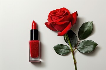 Obraz na płótnie Canvas red tone lipstick and rose on white background