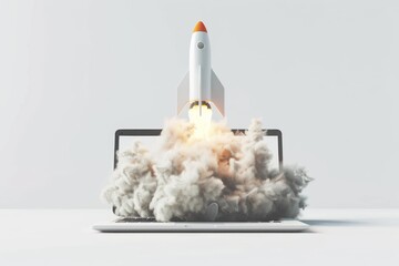 Rocket coming out of laptop white mockup screen
