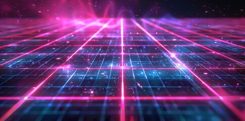 Vibrant neon grid technology: a dynamic backdrop featuring neon colors and grid elements, enhancing the futuristic vibe of digital projects. - obrazy, fototapety, plakaty