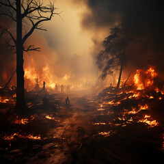 Forest fire, natural disaster, burning pine trees and bushes in the foreground