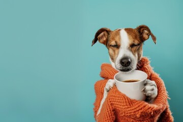 sleepy cute dog, holding cup of coffee Isolated on solid color background - obrazy, fototapety, plakaty