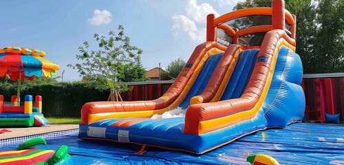 A colorful bouncy castle for the kids' play area and an inflatable bounce house for the backyard are combined into a water slide